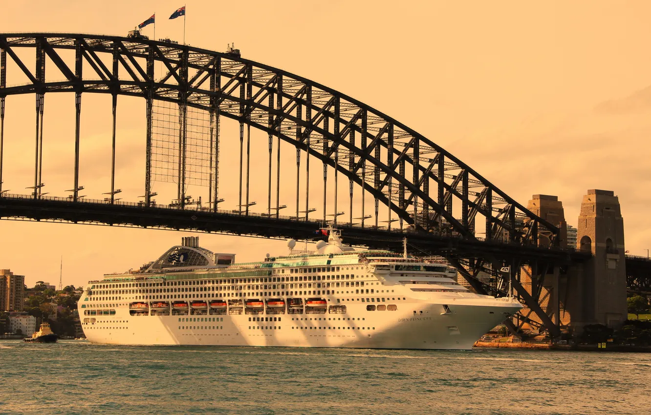 Photo wallpaper bridge, the city, river, photo, ship, Sydney, cruise liner