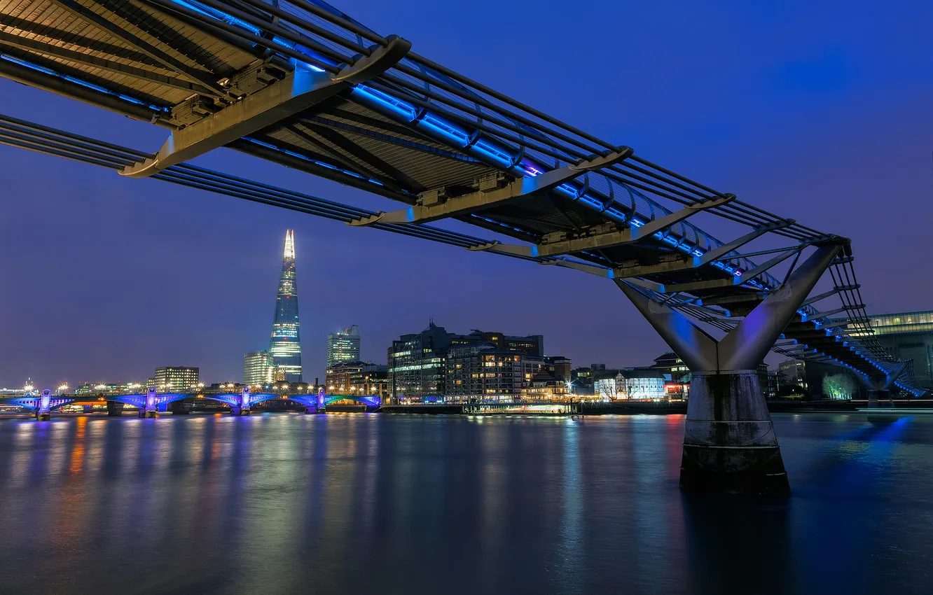 Photo wallpaper night, river, England, London, building, the evening, lighting, backlight