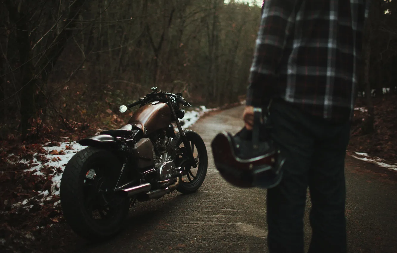 Photo wallpaper road, forest, motorcycle, helmet, guy