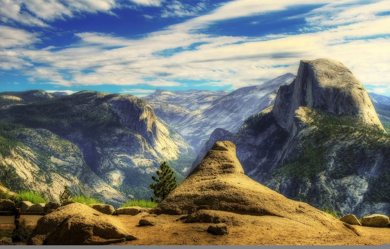 Photo wallpaper the sky, clouds, trees, mountains, nature, stones, rocks, tops