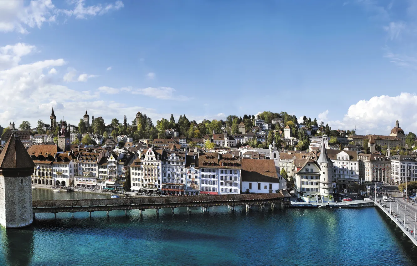 Photo wallpaper bridge, river, home, Switzerland, promenade, Lucerne
