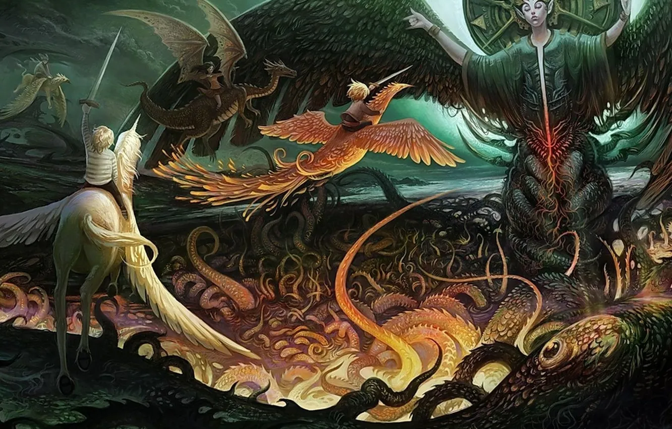 Photo wallpaper dragon, tale, unicorn, Phoenix, legend, myth