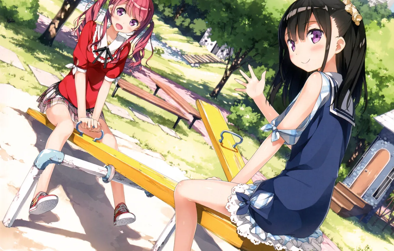 Photo wallpaper benches, in the Park, pink hair, girlfriend, sailor, on the swings, two girls, summer day