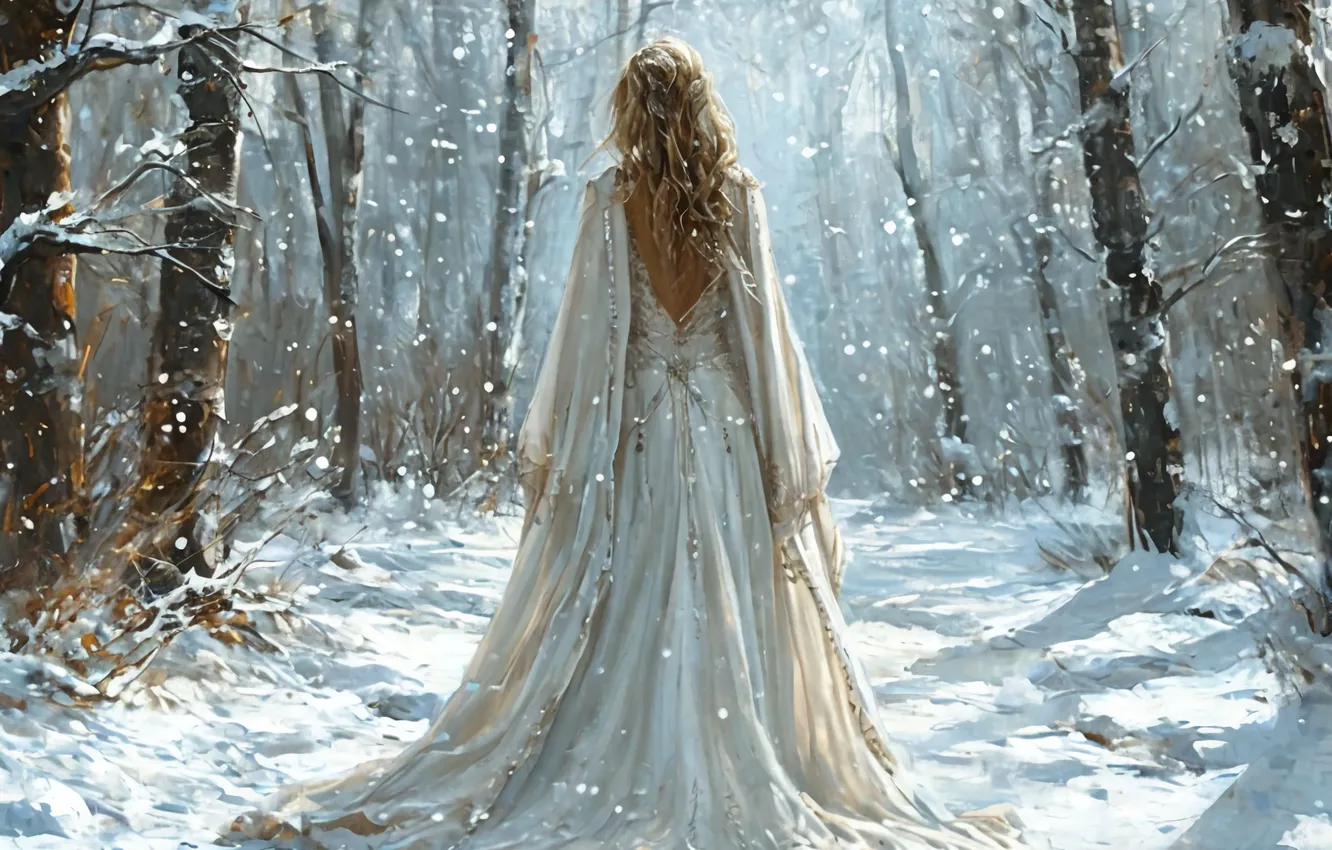 Photo wallpaper winter, girl, snow, white dress