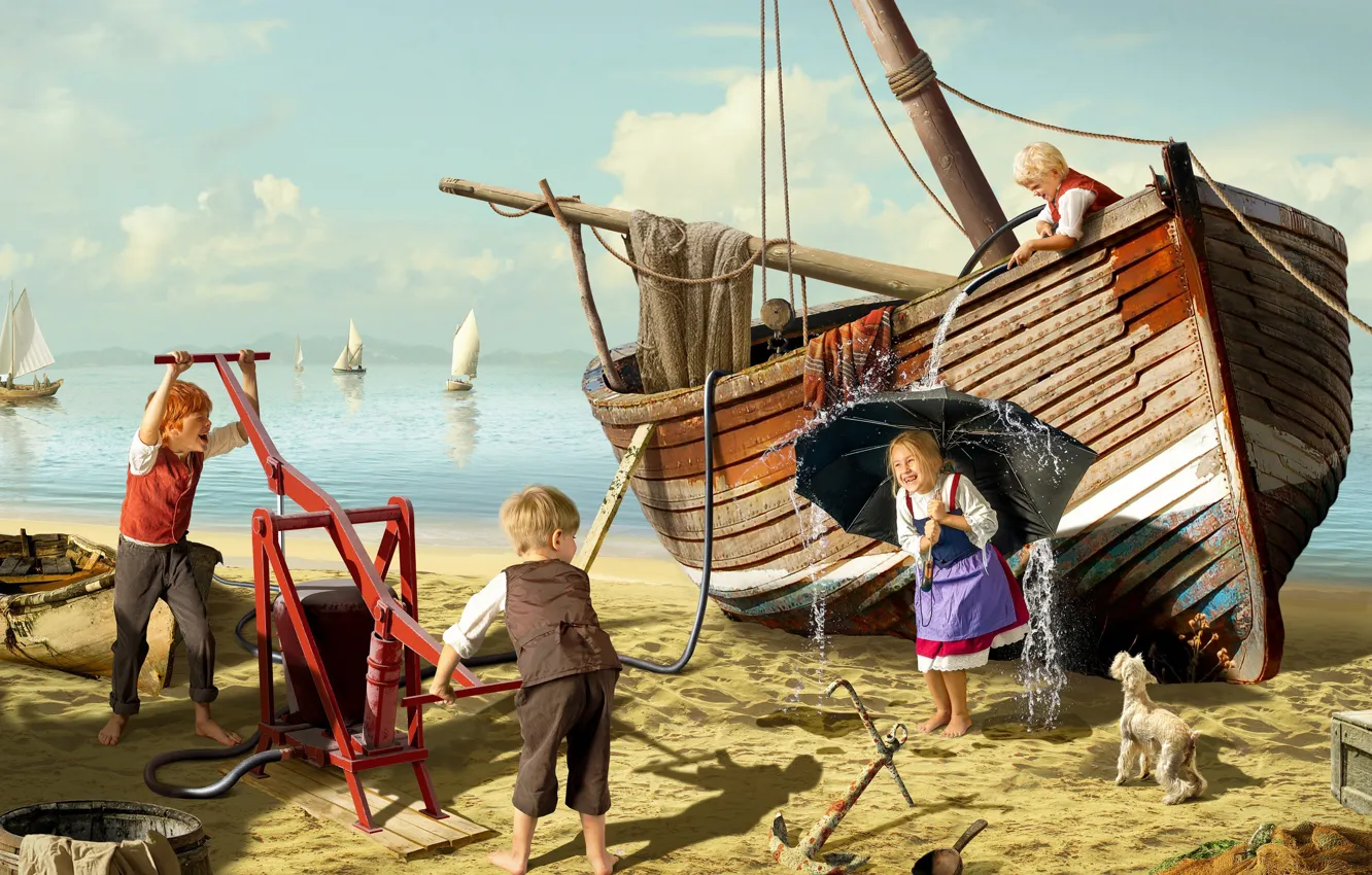 Photo wallpaper sand, sea, water, children, dog, boats, umbrella, girl