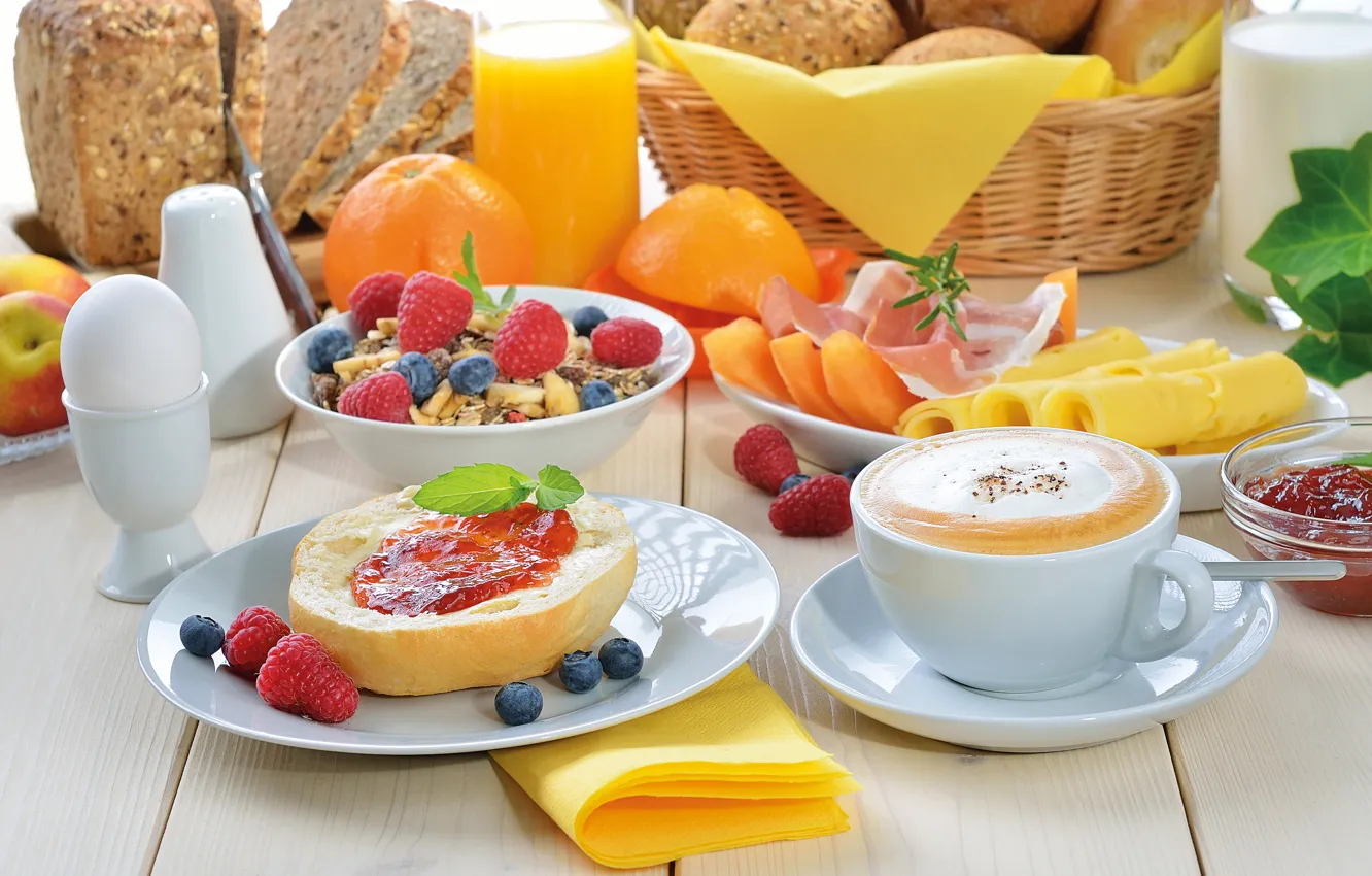 Photo wallpaper raspberry, easy, food, Breakfast, juice, bread, fruit, cappuccino