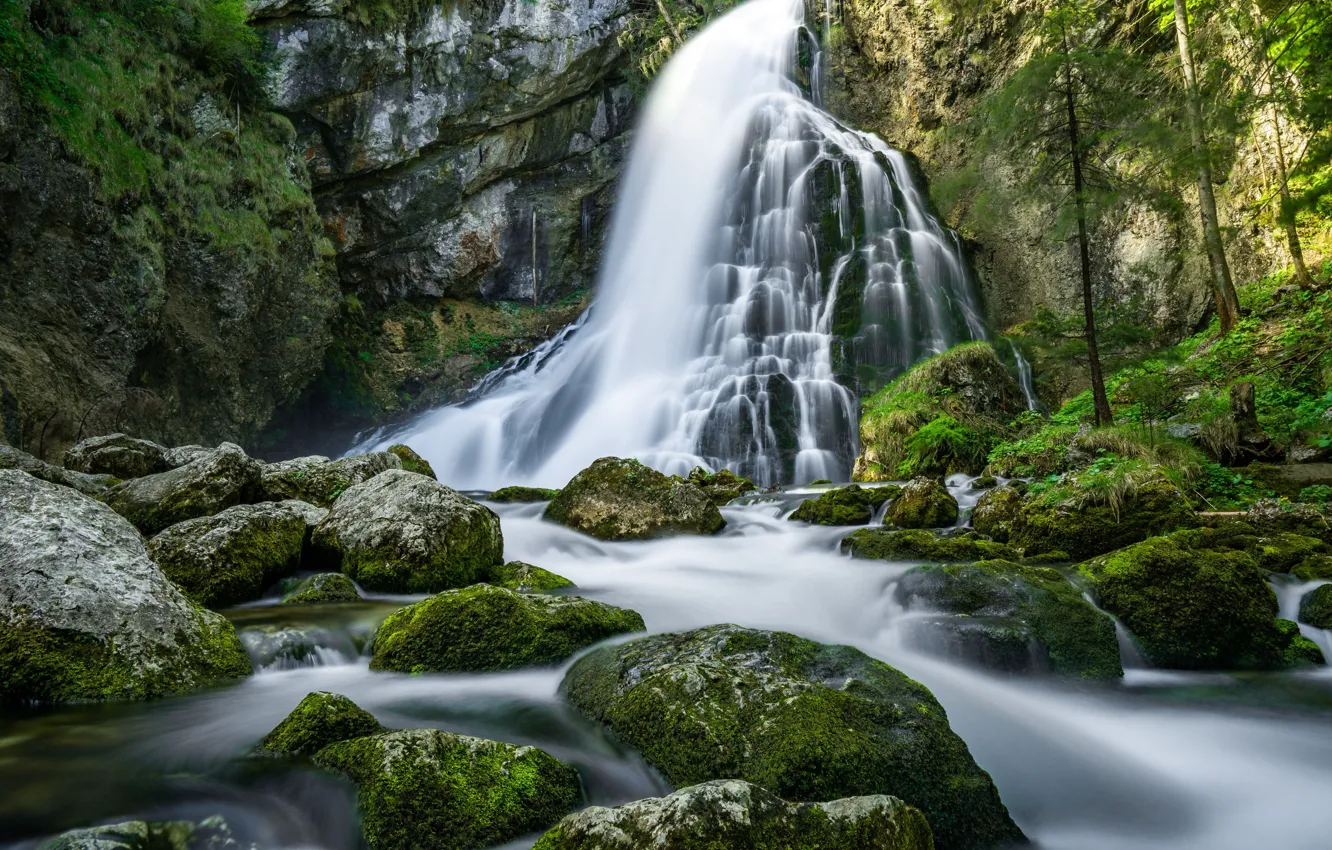 Photo wallpaper rock, river, stones, waterfall, moss, Austria, cascade, Austria