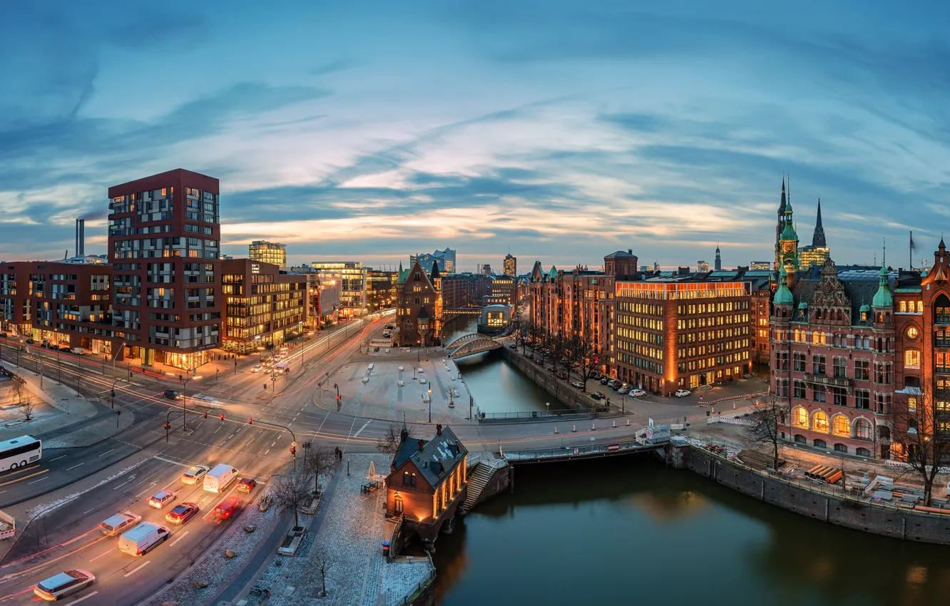 Photo wallpaper road, building, home, Germany, channel, bridges, Hamburg, Germany