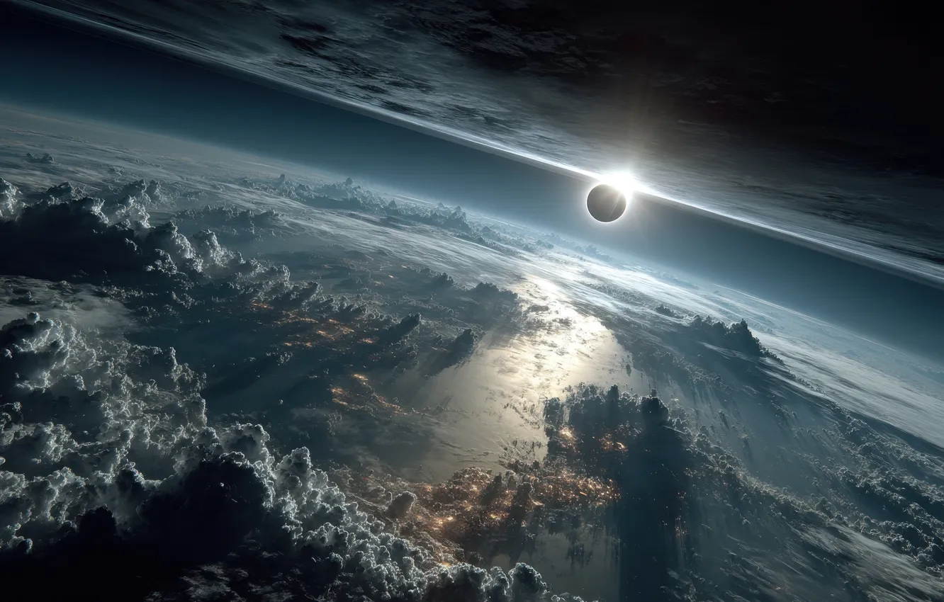 Photo wallpaper the sky, the sun, space, clouds, rays, light, landscape, reflection