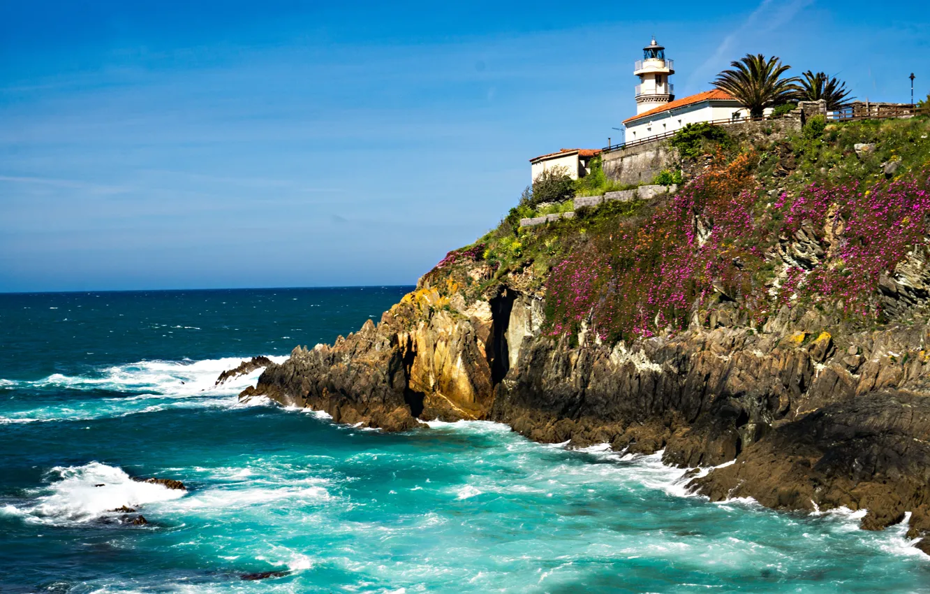 Photo wallpaper sea, landscape, nature, rocks, lighthouse, Spain
