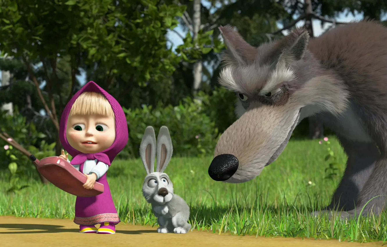 Photo wallpaper wolf, hare, phone, Masha and the bear
