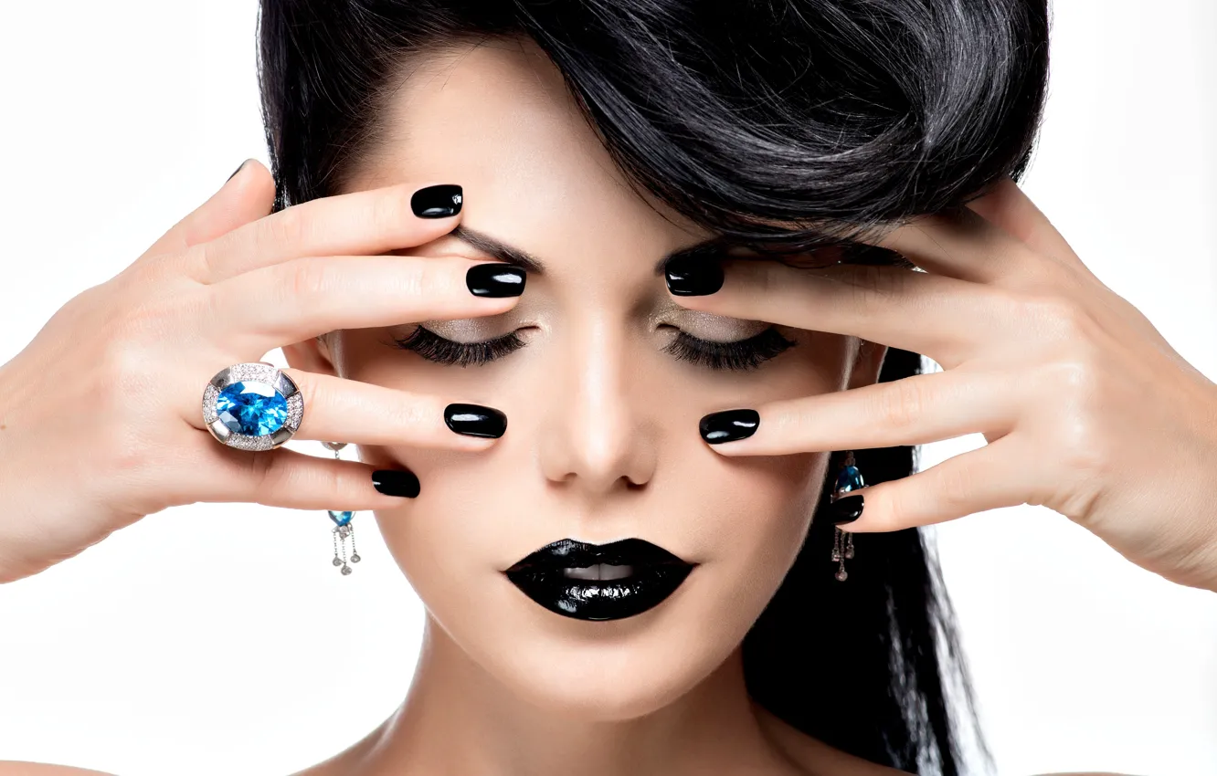 Photo wallpaper background, model, hair, hands, makeup, ring, hairstyle, closed eyes