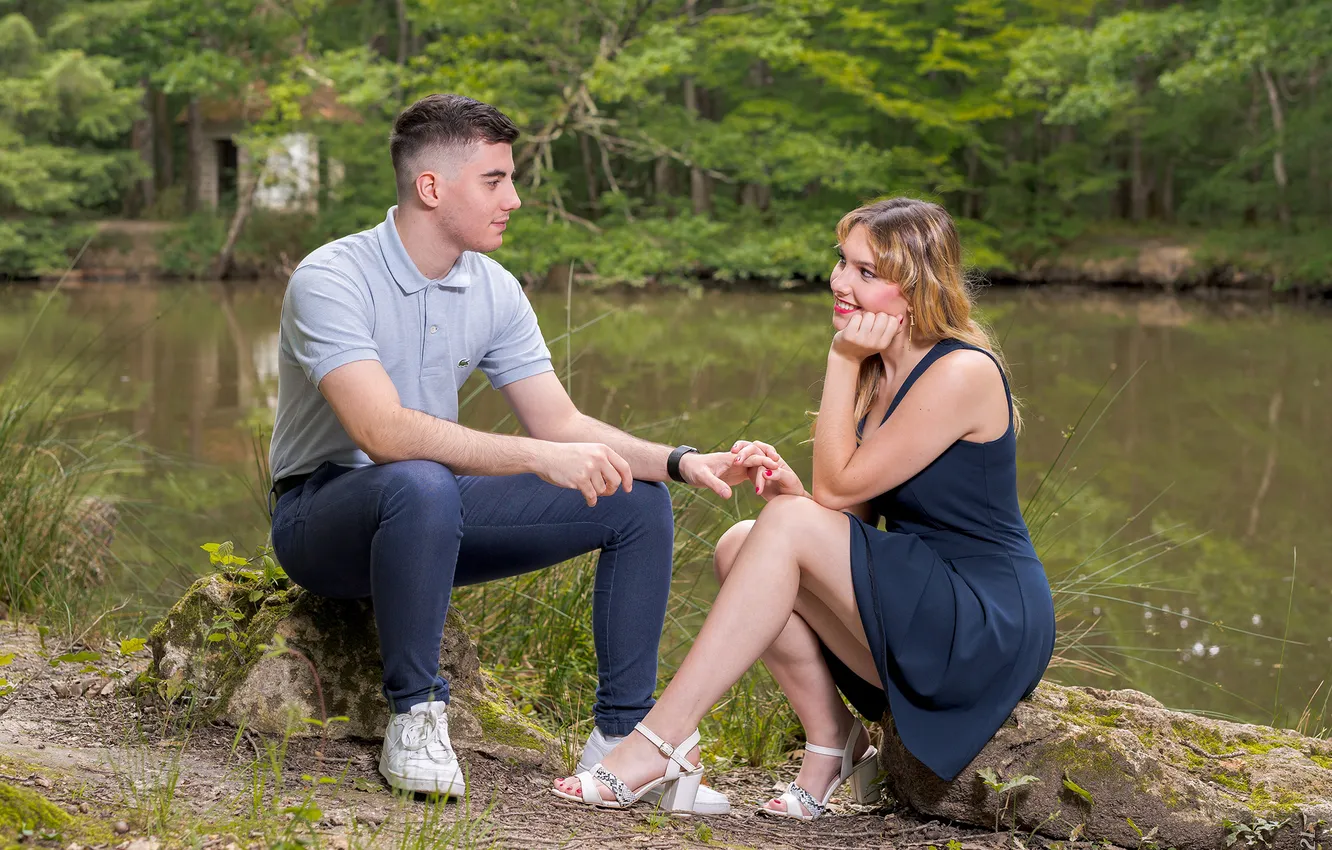 Photo wallpaper water, girl, smile, pond, romance, dress, pair, male