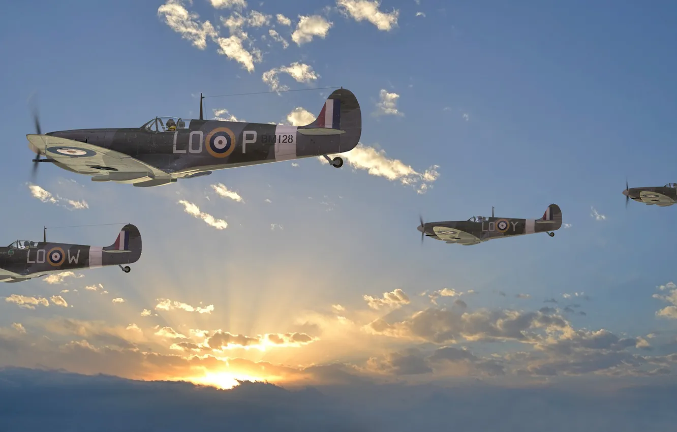 Photo wallpaper the sky, the sun, clouds, rays, figure, fighter, British, WW2