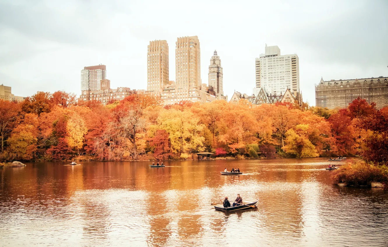 Photo wallpaper autumn, trees, nature, the city, lake, people, building, home