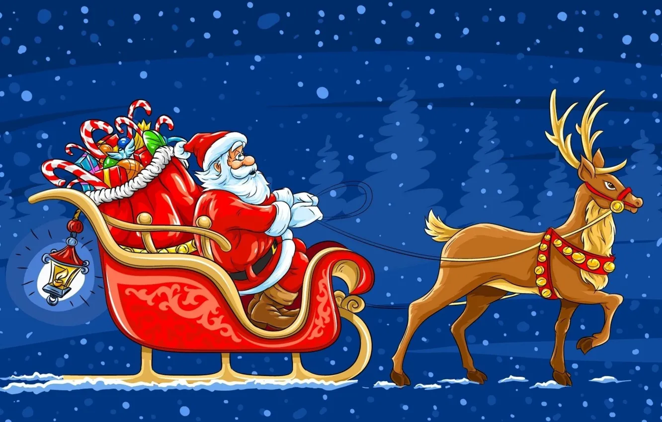 Photo wallpaper snow, deer, New Year, gifts, sleigh, Santa Claus