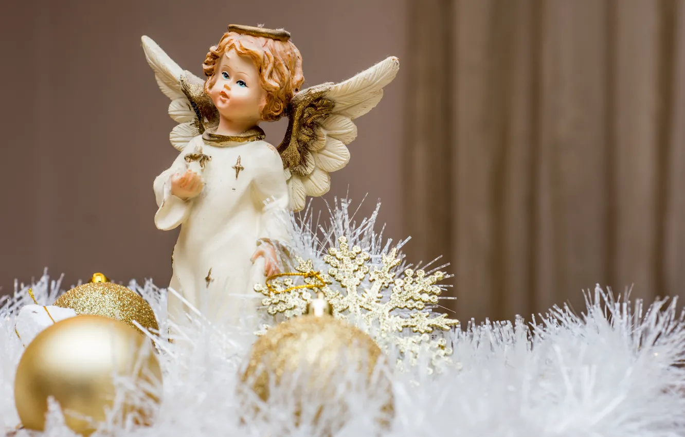 Photo wallpaper holiday, balls, toy, new year, angel, tinsel