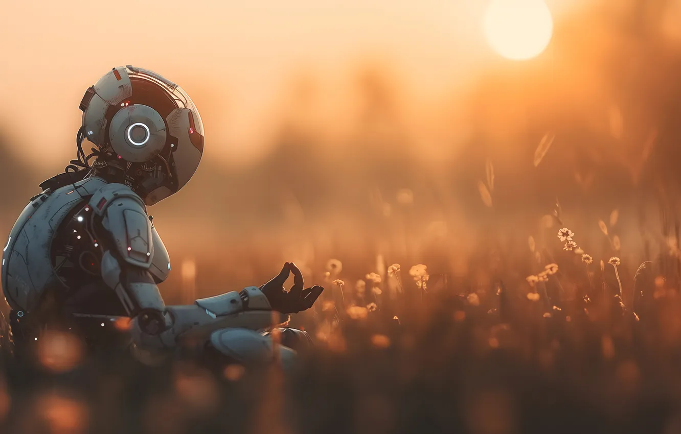 Photo wallpaper field, sunset, pose, robot, meditation