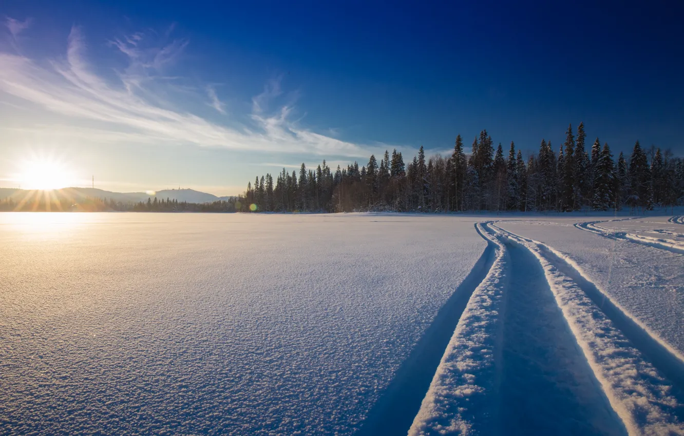 Photo wallpaper winter, forest, snow, sunset, lake, Hand, track, Finland
