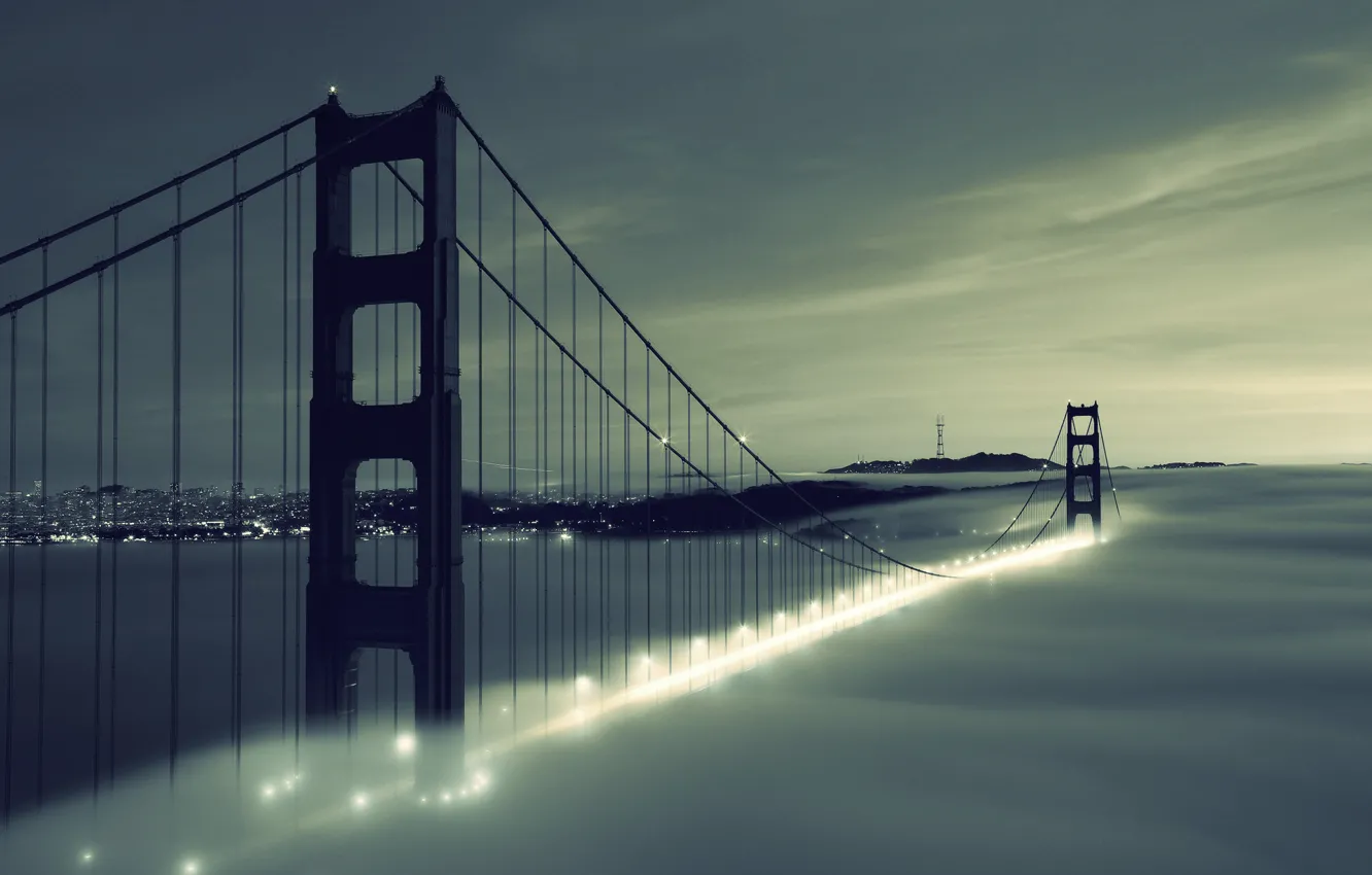 Photo wallpaper the sky, clouds, bridge, city, the city, lights, lights, fog