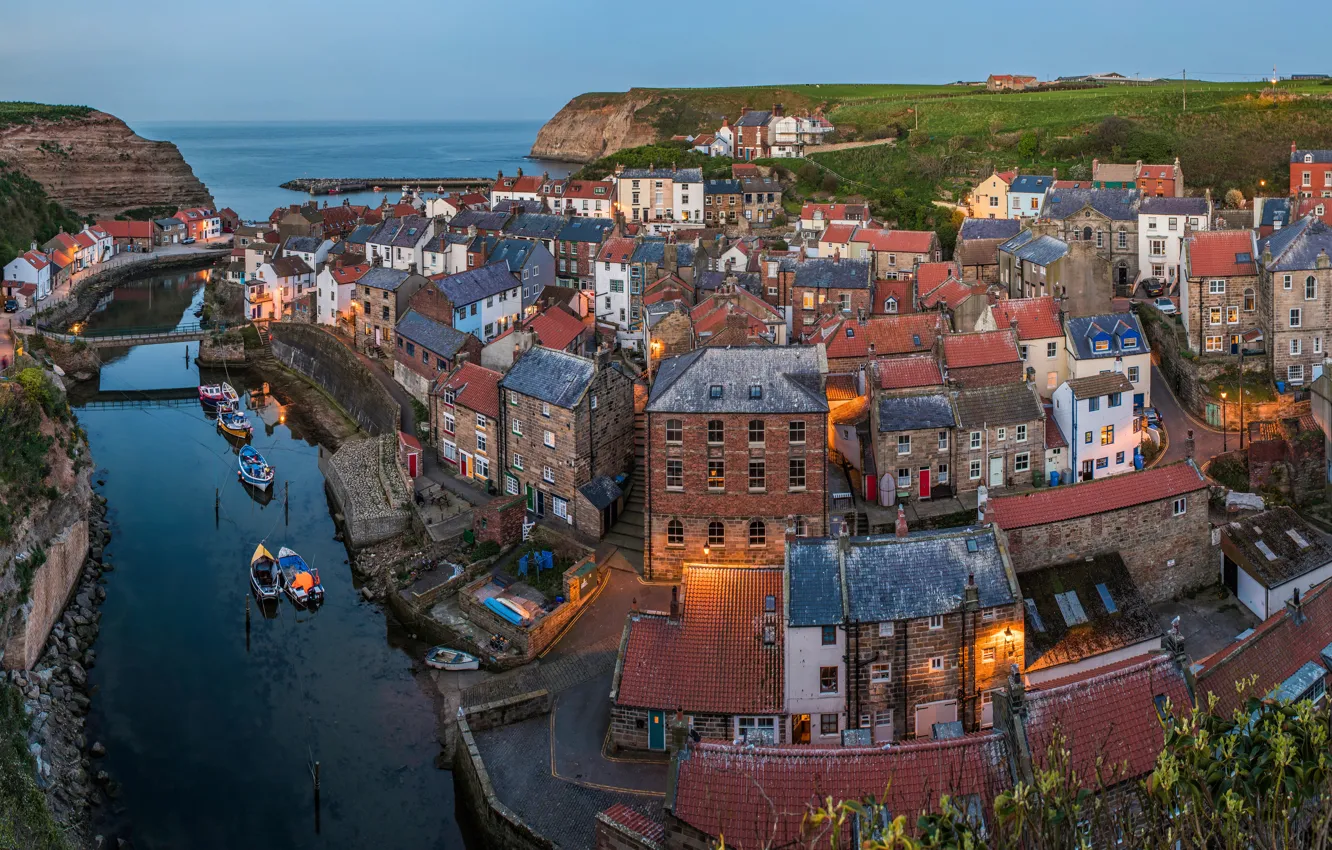 Photo wallpaper sea, river, coast, England, building, home, village, panorama