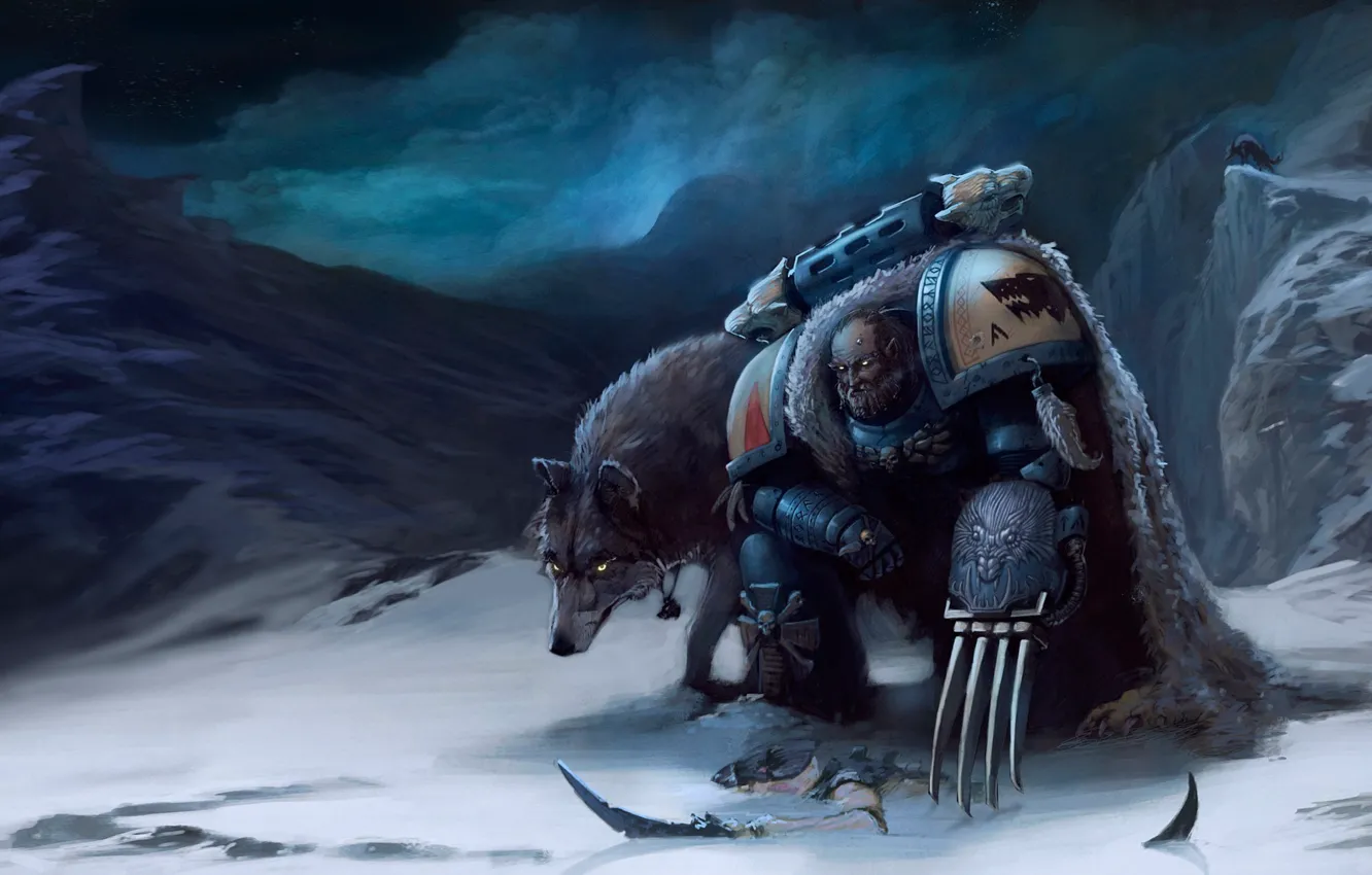 Photo wallpaper snow, mountains, wolf, claws, Warhammer, Space Wolves, space Marines, 40k