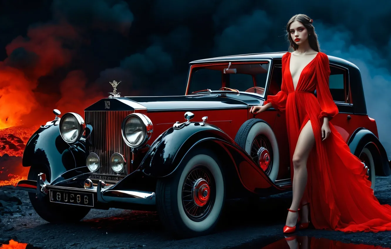 Photo wallpaper car, girl, dress, beautiful, AI Art