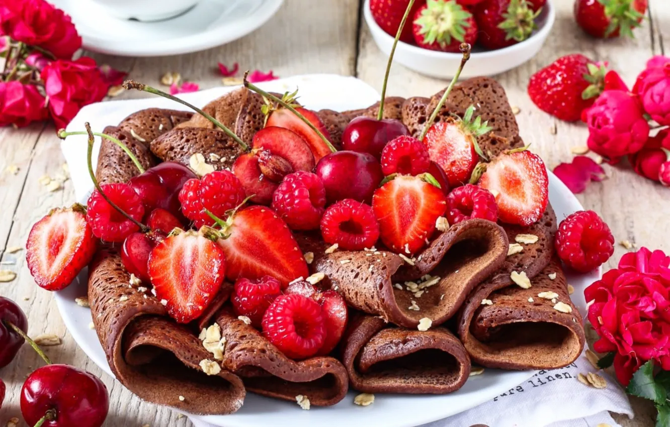 Photo wallpaper cherry, strawberry, pancakes