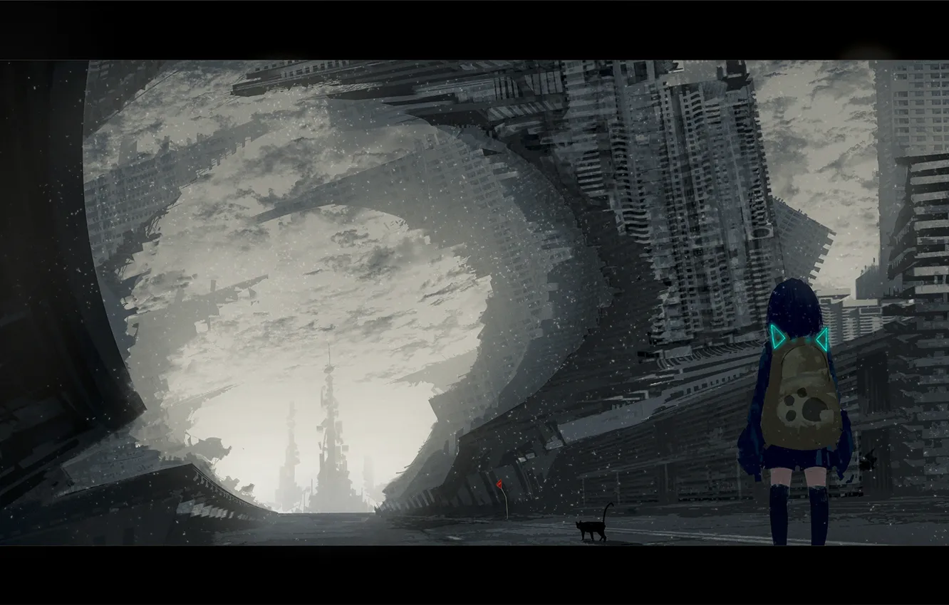 Photo wallpaper cat, the sky, the city, girl, ruins, gloomy