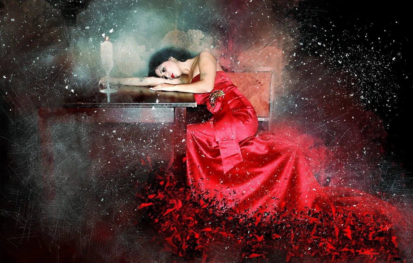 Photo wallpaper background, candles, dress, table, girl art