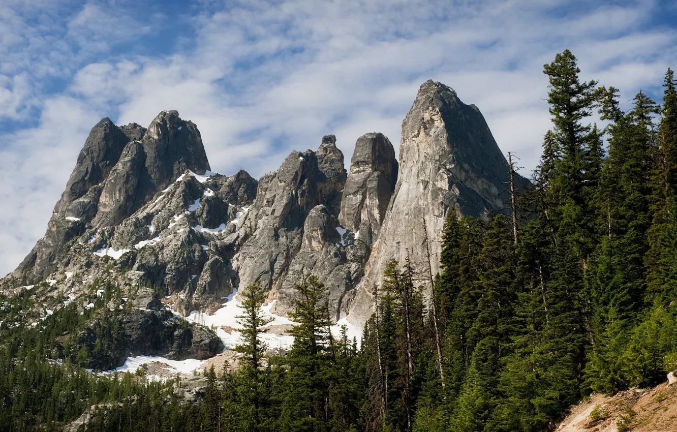 Photo wallpaper forest, the sky, clouds, snow, mountains, rocks, tops, ate
