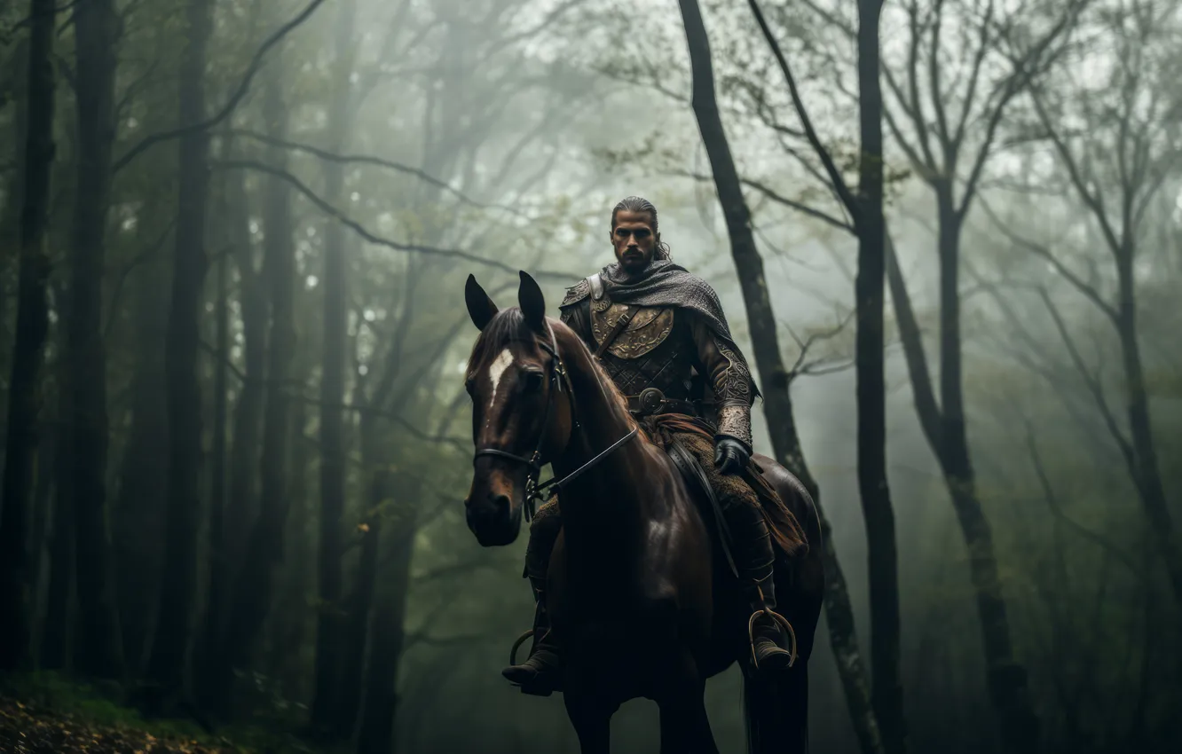 Photo wallpaper forest, fog, horse, horse, armor, warrior, male, rider
