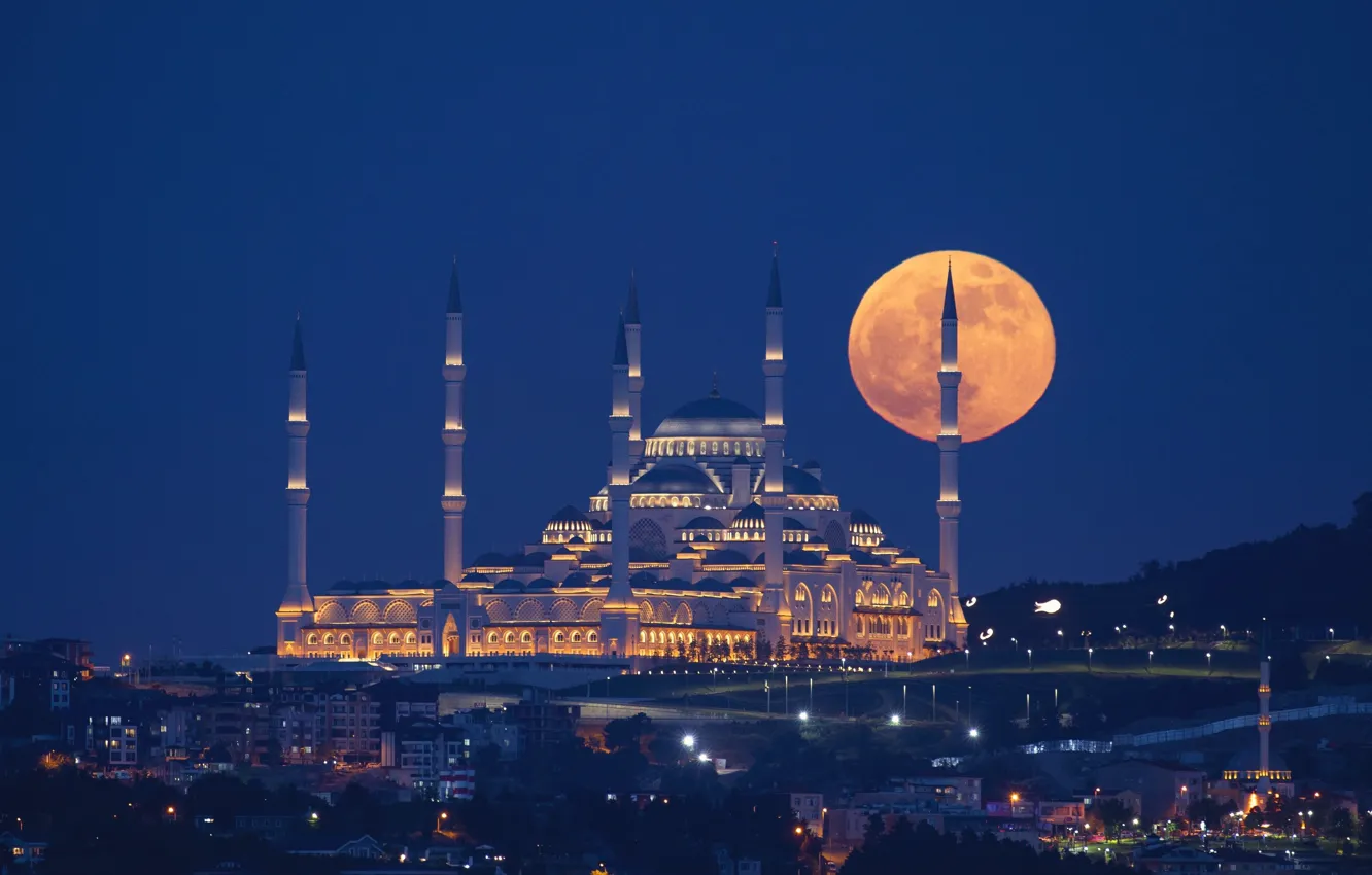Photo wallpaper evening, Istanbul, Turkey, mosque, Çamlıca Mosque, Supermoon