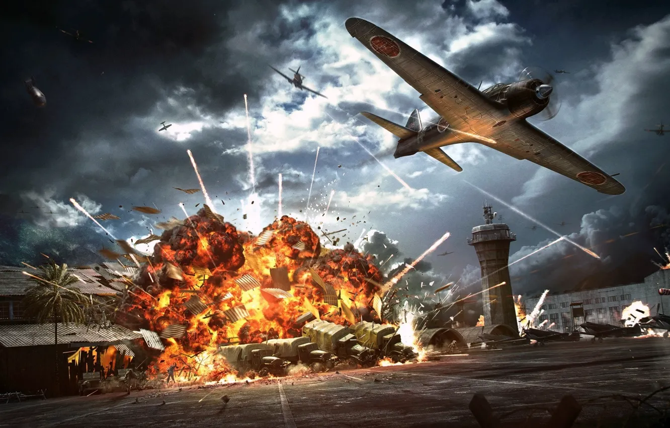 Photo wallpaper fire, flame, explosions, attack, the airfield, aircraft, the bombing, WW2