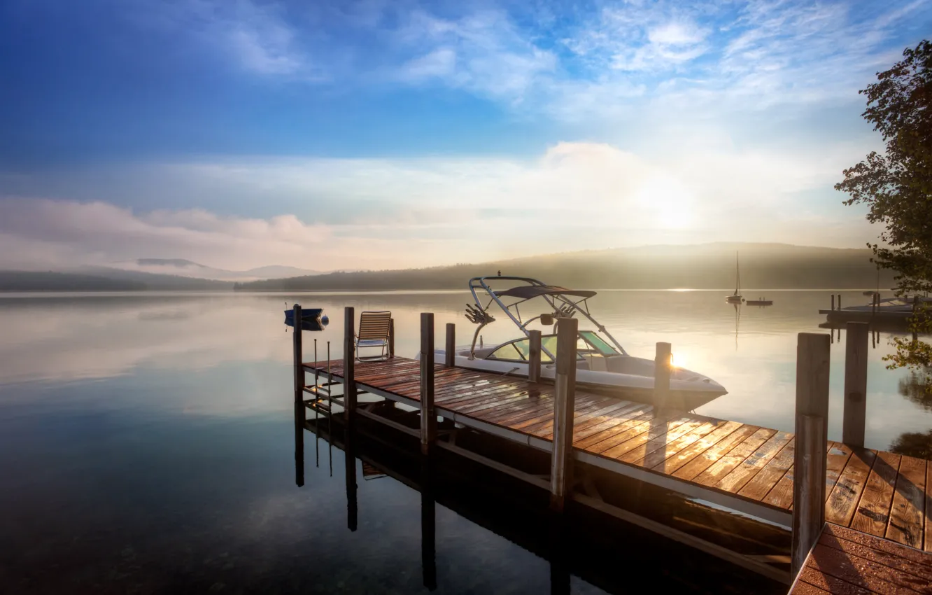 Photo wallpaper the sky, landscape, river, dawn, stay, shore, boat, calm