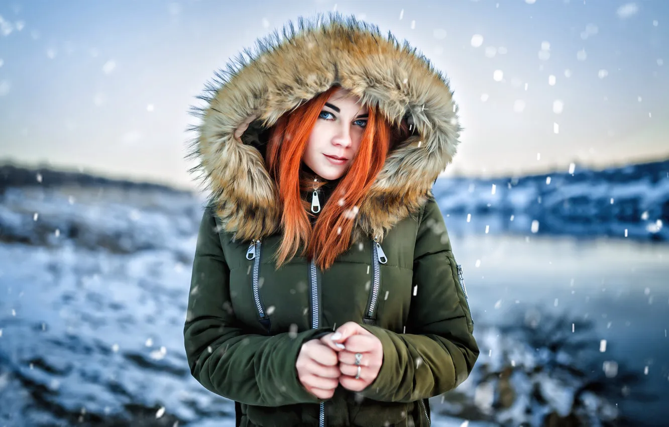 Photo wallpaper snow, jacket, hood, redhead, Masha Fox