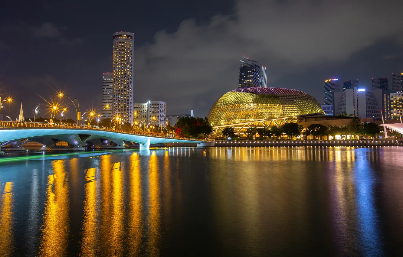 Photo wallpaper night, bridge, lights, river, building, home, lights, Singapore