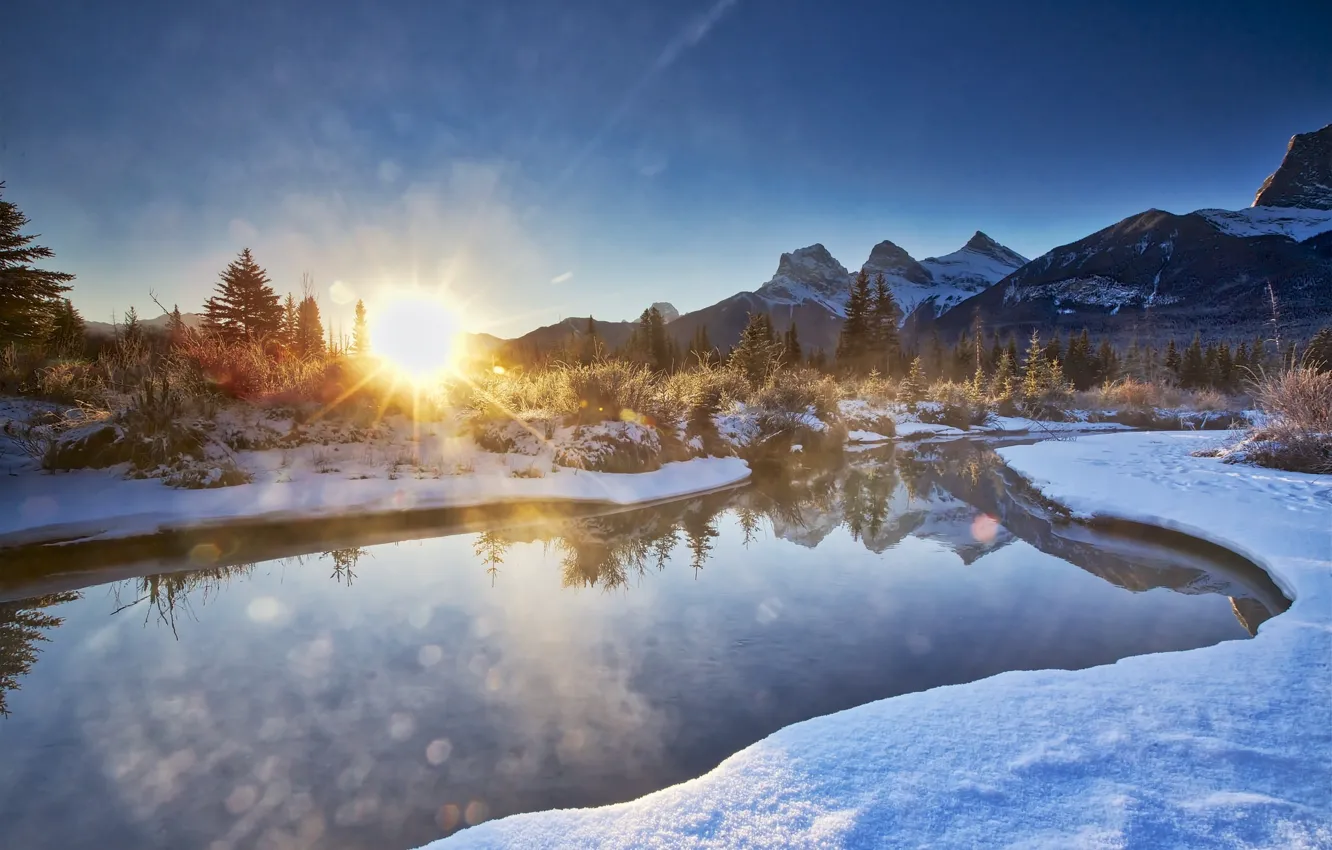 Photo wallpaper river, winter, mountains, snow, morning, sunrise, dawn