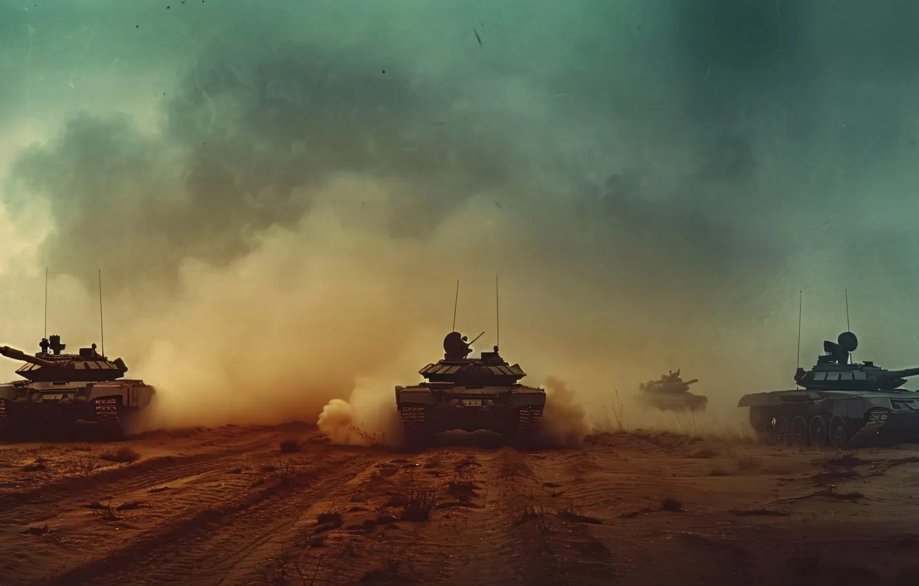 Photo wallpaper dust, tank, front, digital art, AI art, The Art of Artificial Intelligence, War and conflict …