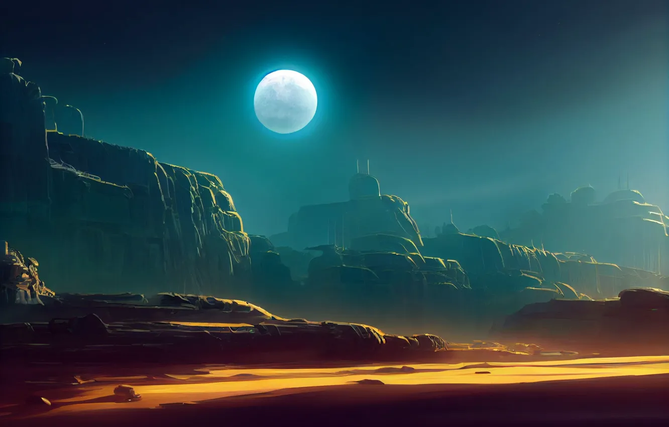 Photo wallpaper night, rocks, the moon, structure, Other Worlds, digital art, fantastic landscape, digital art