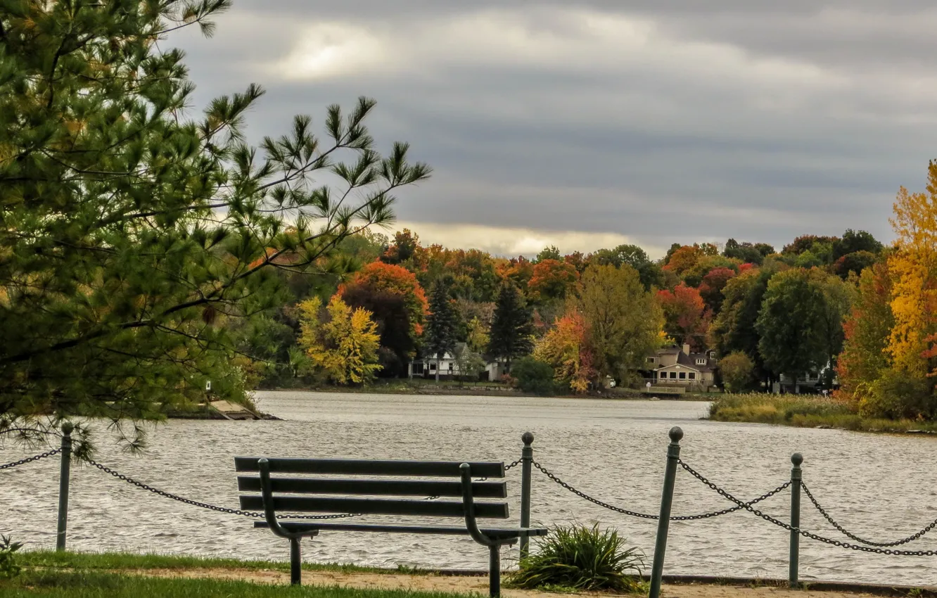 Photo wallpaper autumn, the sky, trees, bench, the city, river, overcast, colors