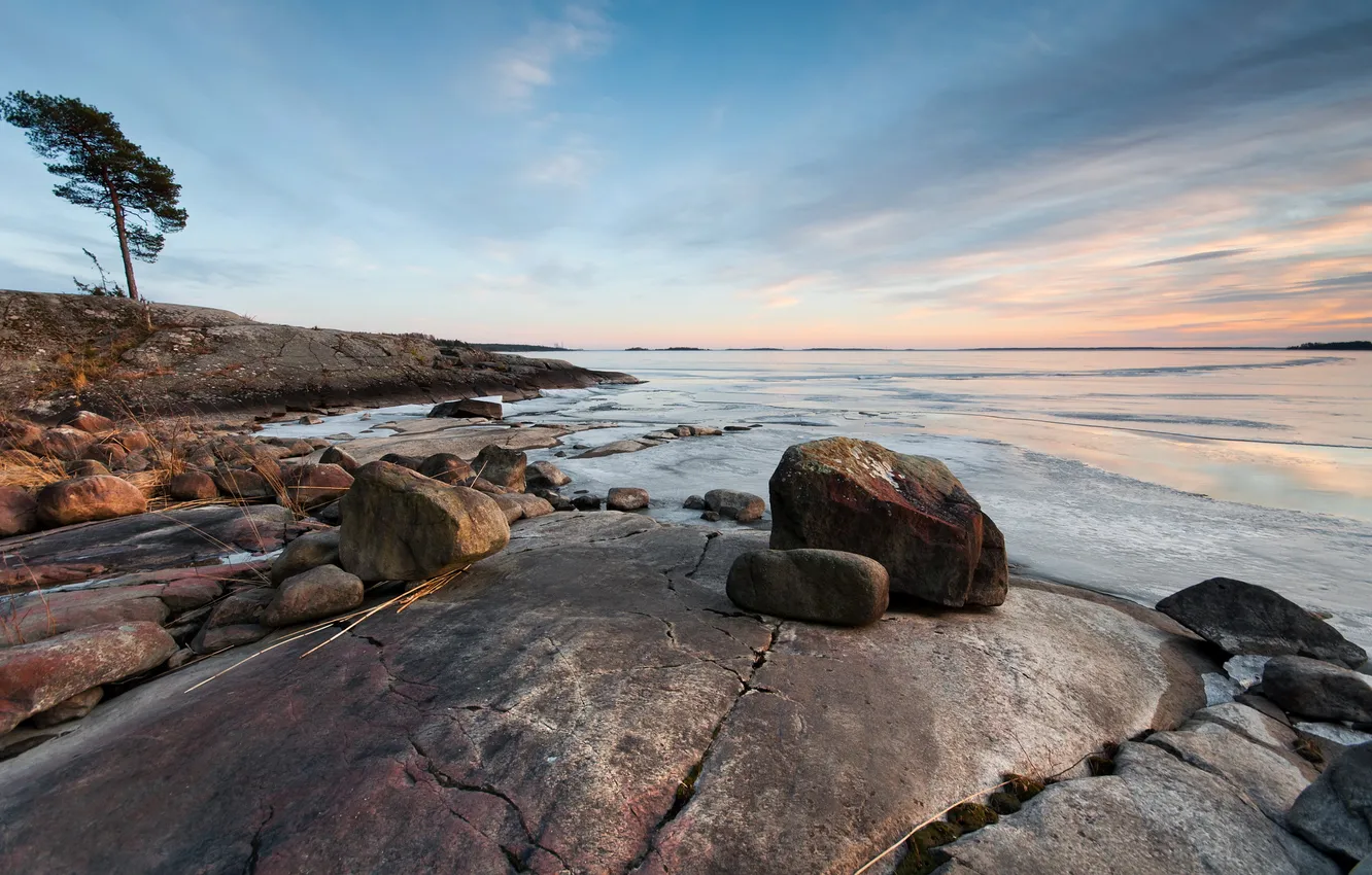 Photo wallpaper sea, landscape, sunset, nature, stones, beauty