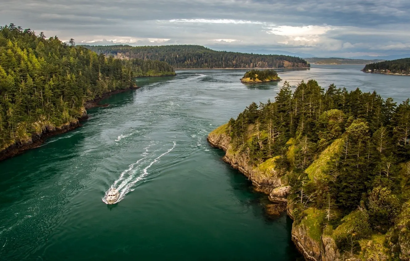 Photo wallpaper USA, river, lake, ship, pine trees, Washington state, birds eye view, rock forest