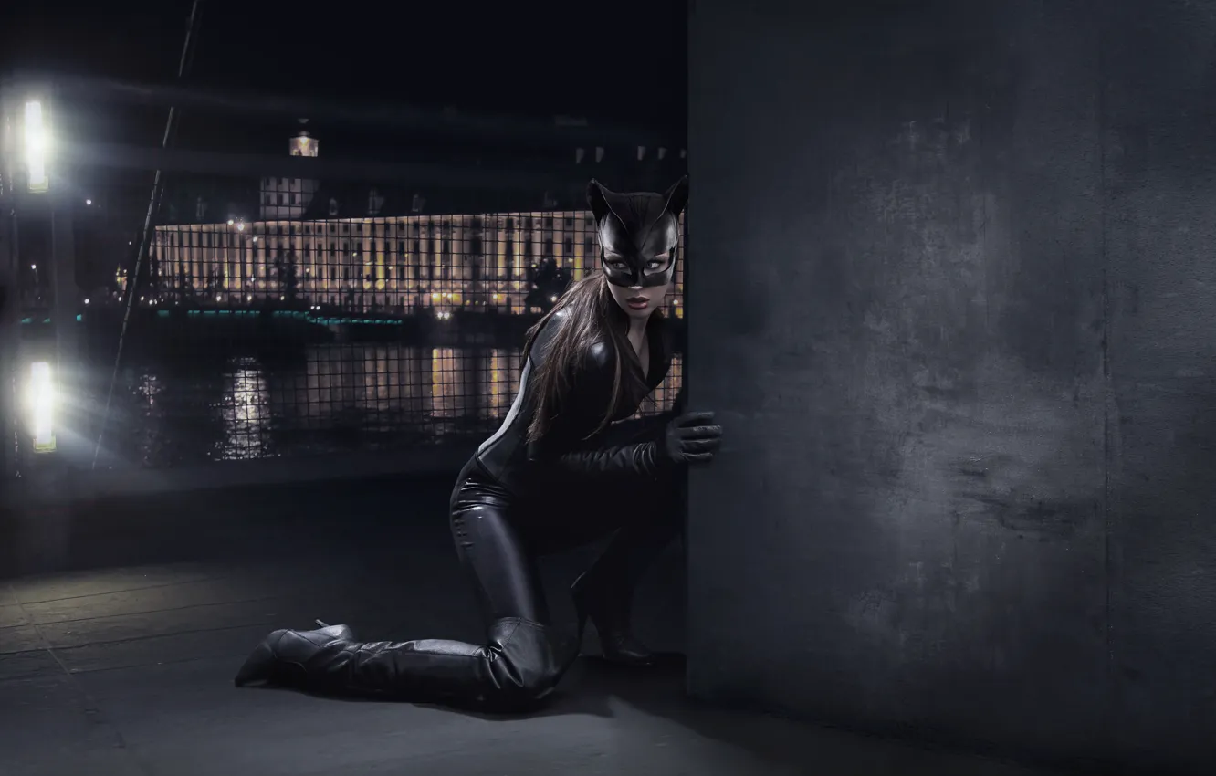 Photo wallpaper night, the city, wall, boots, mask, costume, Catwoman, Catwoman