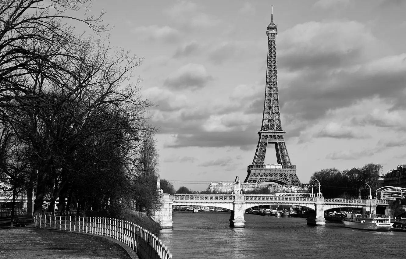Photo wallpaper bridge, France, Paris, channel, black and white, Eiffel tower, France