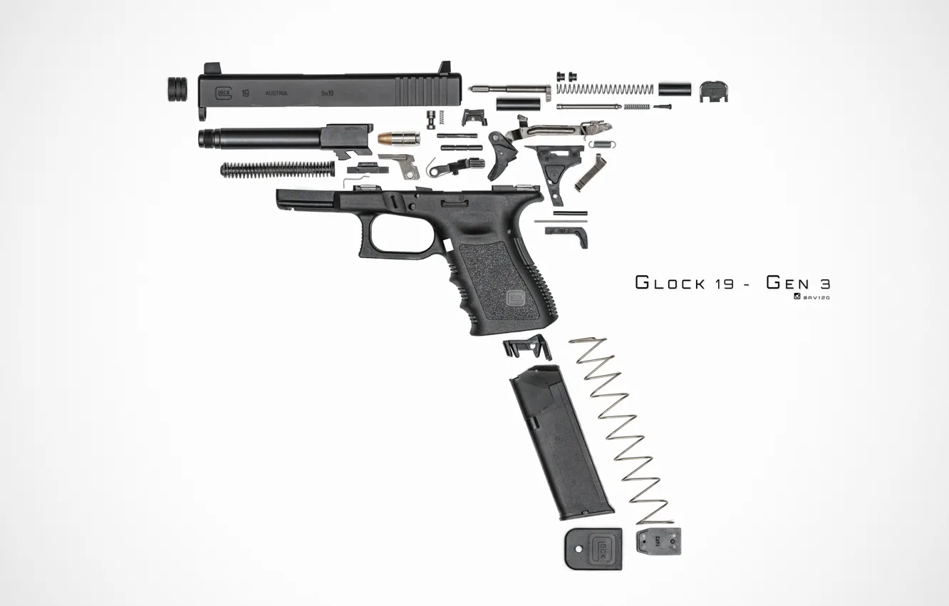 Photo wallpaper gun, details, Glock 19, disassembled