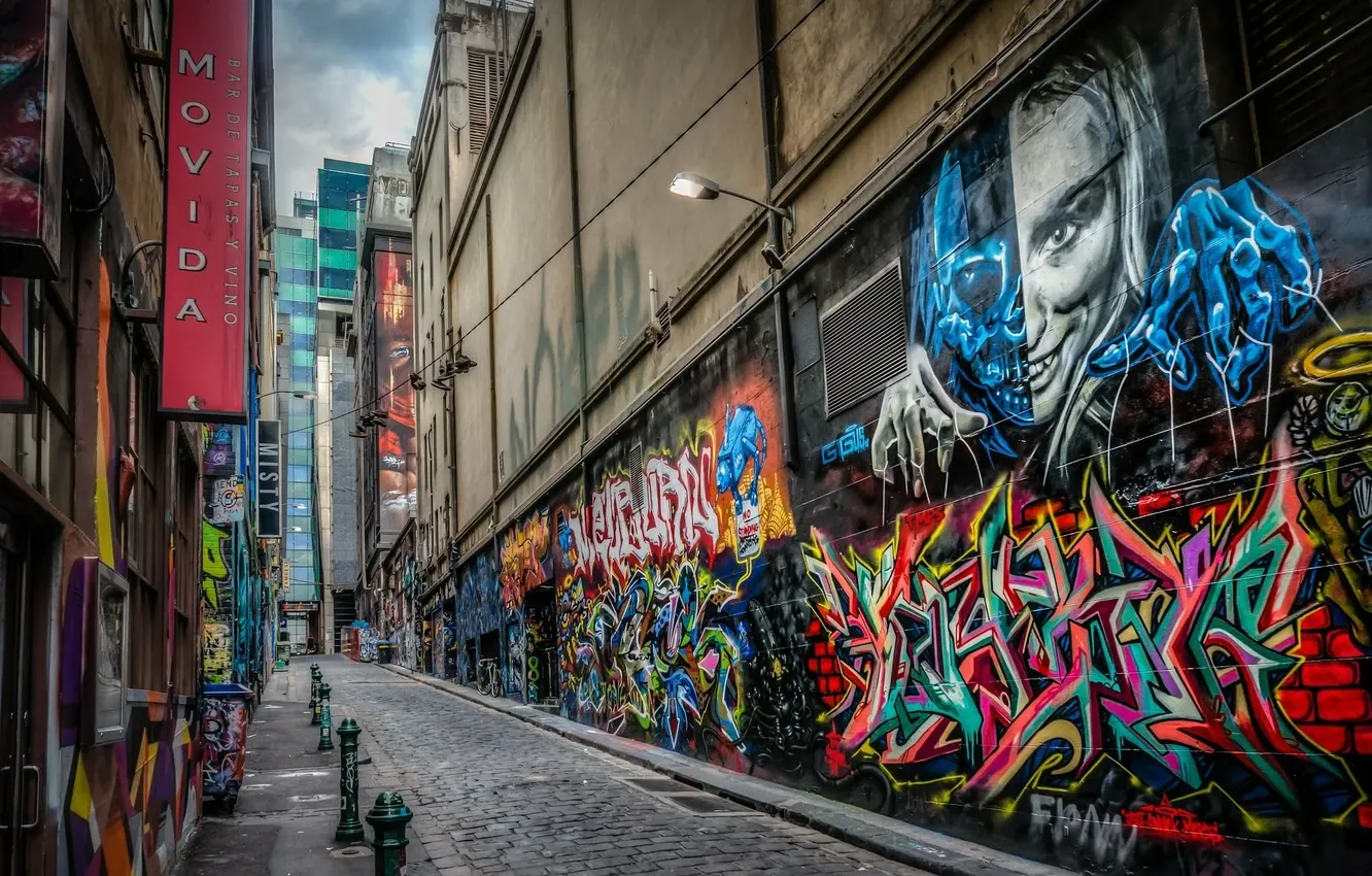 Photo wallpaper city, the city, street, building, street, buildings, street art, street art