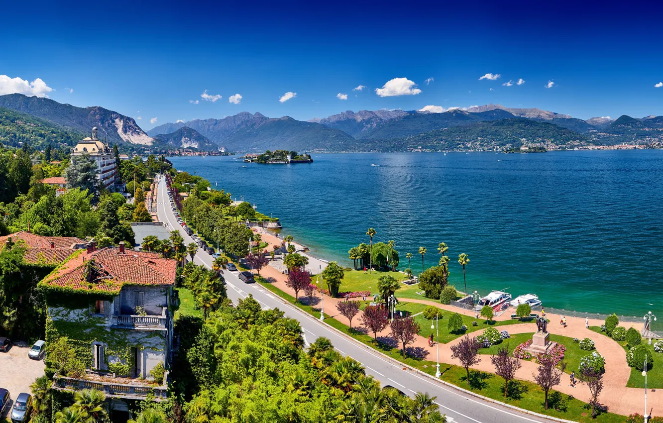 Photo wallpaper road, mountains, lake, home, Italy, Maggiore