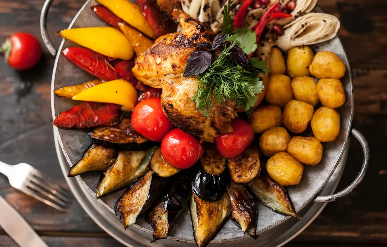 Photo wallpaper eggplant, meat, potatoes, cuts, grill