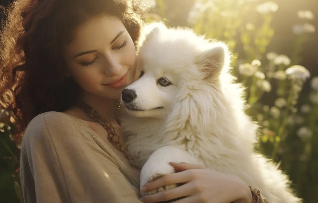 Photo wallpaper white, neural network, flowers, dog, holding a, AI art, closed eyes, girl